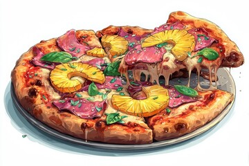 Tropical pizza featuring vibrant toppings of ham, pineapple, and fresh basil on a golden crust, showcasing a delicious culinary creation with melting cheese and inviting presentation