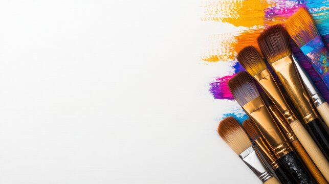 Colorful paint strokes and brushes arranged on a blank canvas surface