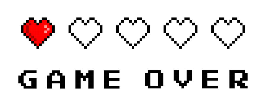 Game over with low health pixelated hearts illustration