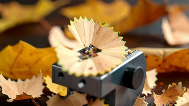 Close-up of mechanical pencil sharpener with shavings on wooden surface surrounded by autumn leaves, studio shot