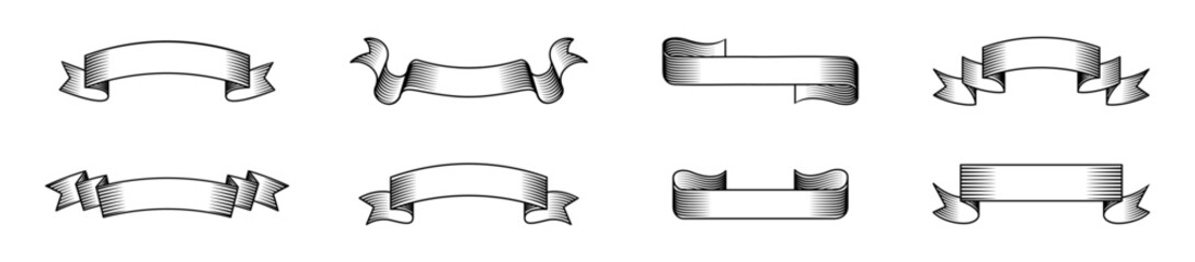 Ribbon banners vintage sketch vector icon set. Old style handdrawn banners