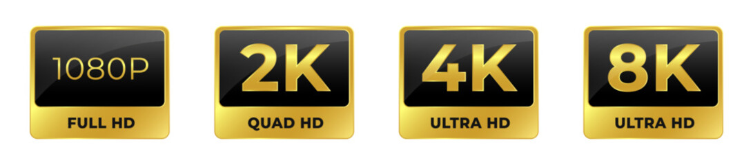 Resolution format icons. Video quality settings 2k, 4k vector icon set.