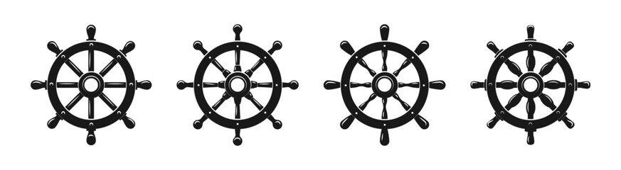Nautical helm symbols. Steering wheel for sea ship vector flat black icon set.