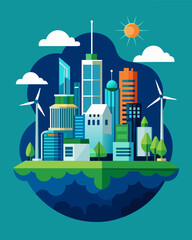 Obraz premium A futuristic city with buildings made from sustainable materials and powered by renewable energy sources.. Vector illustration