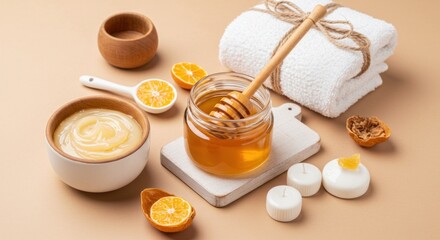 Honey-based spa treatment ingredients.  Natural, organic, and soothing elements for a wellness experience