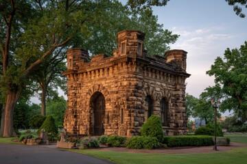 Fototapeta premium Stone structure in a park setting at dawn.