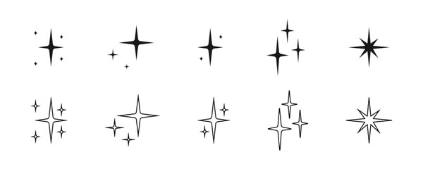 Stars sparkle flat and outline icon vector set