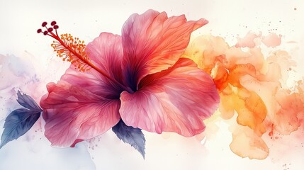 A vivid hot pink and tangerine hibiscus flower in a beautiful watercolor style, with artistic splashes of color extending from its delicate petals, set against a clean white background.