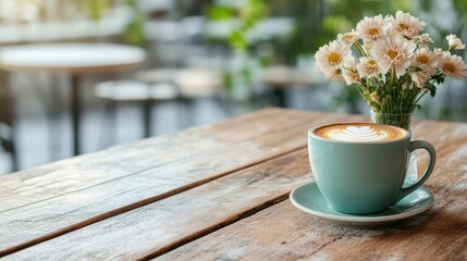 Fototapeta premium An artisan coffee cup with intricate latte art sits on a rustic wooden table, accompanied by a vase of fresh flowers, creating a peaceful and cozy café atmosphere.