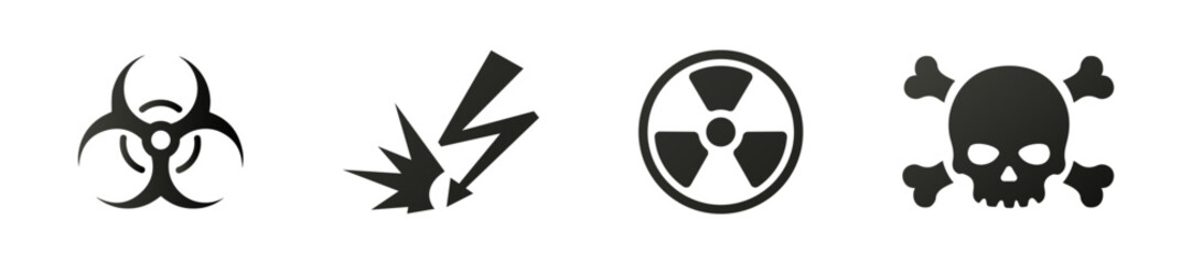 Hazard caution warning flat black icon set. Safety alert symbols in vector collection