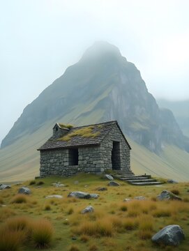 Ancient stone building with grass and mountain in background. Old architecture, nature, and travel. Scenic landscape on a cloudy day.