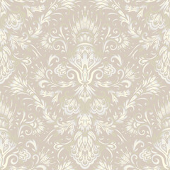 Damask style grey pattern, textured beige background. Seamless floral pattern-744.