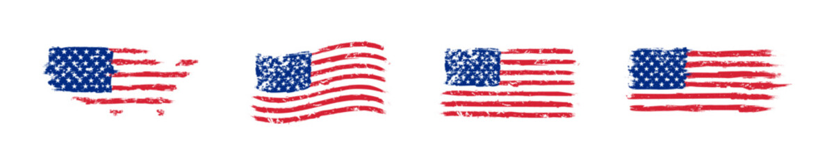 American flag brush texture grunge vector set. Patriotic USA banner with rough strokes