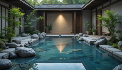 Reflective pool inside a zen garden with smooth stones and bamboo decor