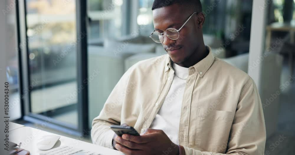 Poster black man, phone and typing in office for networking, business research and schedule update. creativ