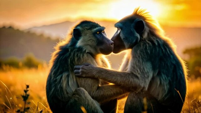 Two baboons embrace affectionately in golden light of sunset. Furry primates bonding in a wild African savanna, warm tones with golden sun.