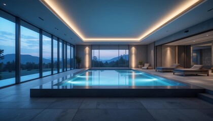 Indoor heated pool inside a modern minimalist villa with glass walls and soft lights