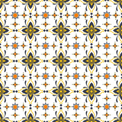 Elegant seamless damask pattern featuring floral and ornamental elements in red, yellow, and navy blue. Perfect for wallpaper, fabric, packaging, and luxury design projects.