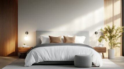 An elegantly designed bedroom features a serene atmosphere with soft textures, earthy tones, and greenery, ideal for relaxation and peaceful retreat.