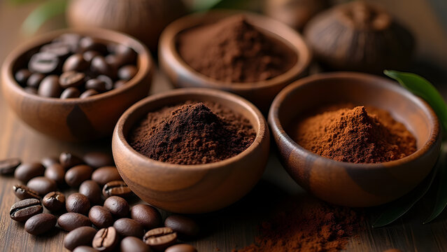 Three wooden bowls containing whole coffee beans, ground coffee, and coffee powder create warm and inviting atmosphere