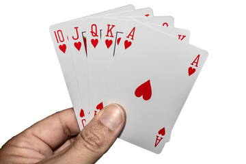 Poker hand holding cards forming a royal flush combination.