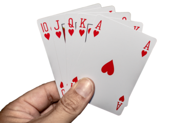 Poker hand holding cards forming a royal flush combination.