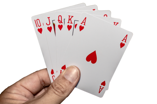 Poker hand holding cards forming a royal flush combination.