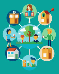 Naklejka premium A company implementing a sharing economy model where products and services are shared a community members reducing the need for excess consumption and waste.. Vector illustration