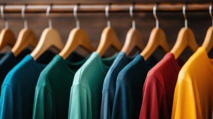 An array of vibrant shirts hanging neatly, showcasing trendy colors and styles, reflecting modern fashion choices and the art of clothing selection in a retail environment.