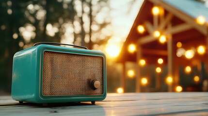 A retro-styled turquoise radio sits on a wooden table, radiating a nostalgic vibe amidst a warm outdoor setting filled with twinkling lights, creating a cozy atmosphere.