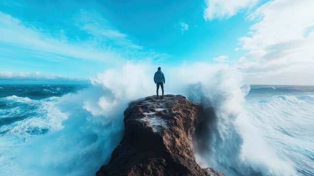 A solitary figure stands on rocky cliffs as powerful waves crash around, symbolizing the beauty and danger of nature's might against the serene blue sky backdrop.