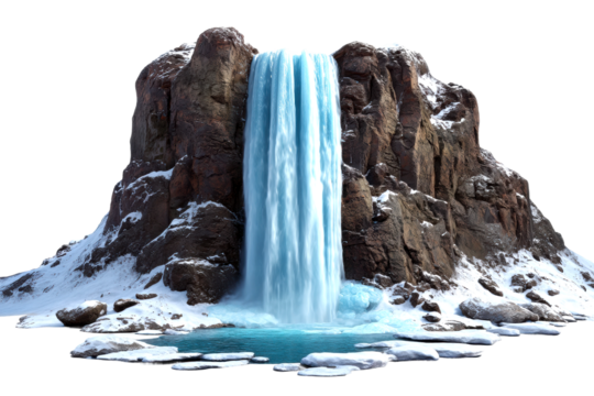 Majestic frozen waterfall cascading down rocky cliffs nature scene winter wonderland isolated on transparent background