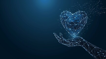 Digital heart held in a hand.  Abstract polygonal graphic