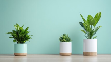 Fototapeta premium Three potted plants against a mint-green wall. Simple, modern aesthetic