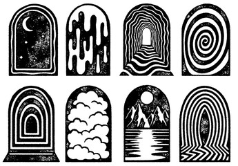 Set of 8 black and white vector portals with surreal designs and textured woodblock print style. Ideal for tattoos, posters, album covers, or mystical graphic projects.