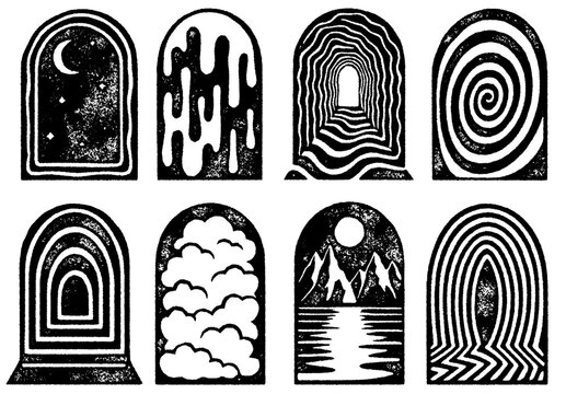 Set of 8 black and white vector portals with surreal designs and textured woodblock print style. Ideal for tattoos, posters, album covers, or mystical graphic projects.