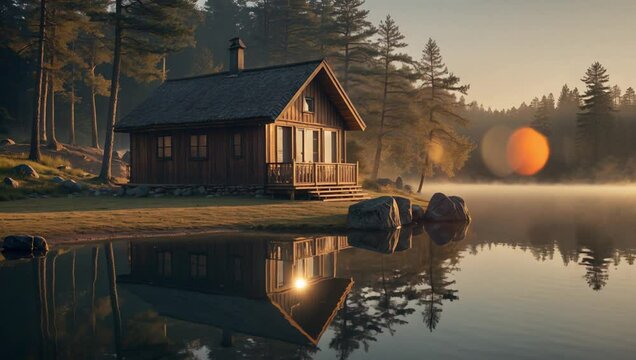 Tranquil Cabin by the Lake at Sunrise with Mist Reflections