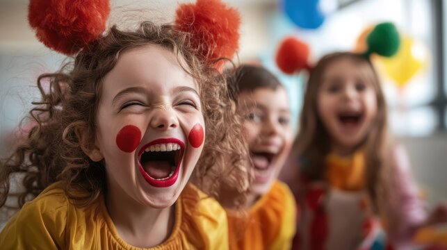 A group of joyful children dressed in vibrant clown costumes are laughing brightly, capturing a moment of pure happiness and excitement during a lively celebration.