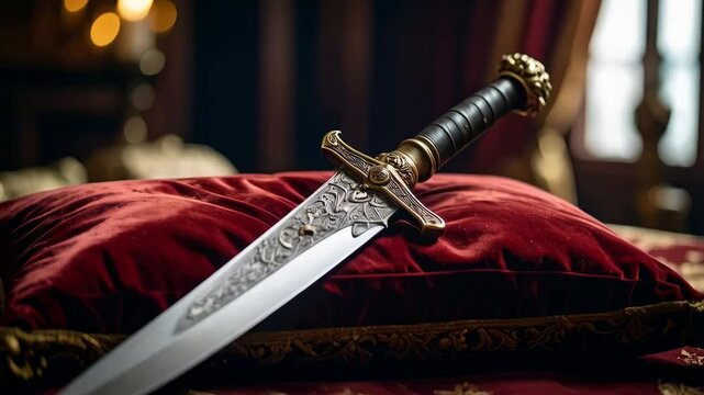 Ornate medieval dagger rests upon a plush red velvet pillow on decorative table inside a castle setting illuminated by candlelight