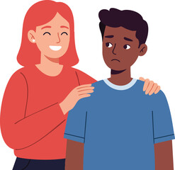 Fototapeta premium Woman comforting sad man showing empathy and support in emotional moment vector illustration 