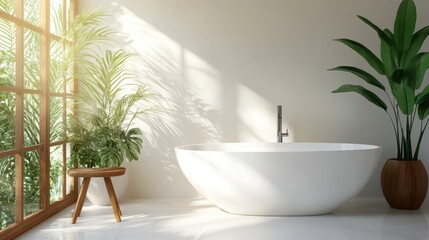 Fototapeta premium A beautifully lit bathroom features a freestanding white tub surrounded by plants, reflecting tranquility and modern design, ideal for home improvement and relaxation promotions.