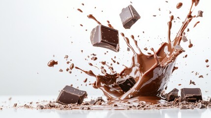 Fototapeta premium An eye-catching splash of rich chocolate with pieces of chocolate bars bursting through, representing indulgence and delight in the world of desserts and treats.