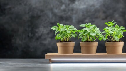 Three small potted herbs against a dark backdrop.  Small plants in terracotta pots