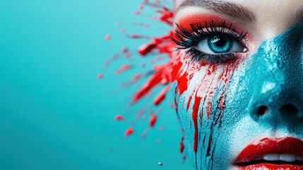 A stunning close-up portrait featuring a woman's face decorated with vibrant blue and red paint drips, highlighting creativity and emotional expression in modern art.