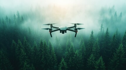 A sleek drone hovering over a misty, dense forest, capturing the serene beauty of nature while highlighting technological advancements in aerial photography and exploration.