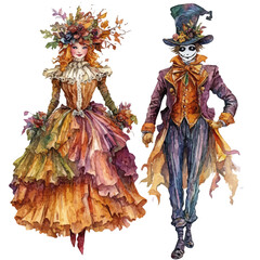 Fototapeta premium watercolor of Fall Parade Colorful Costumes, vector, isolated on a white background.