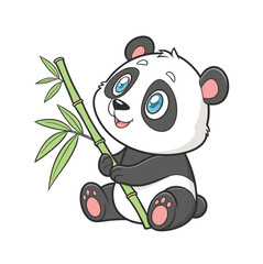 Adorable baby panda with big blue eyes, sitting and holding green bamboo. Symmetrical pose, visible pink paw pads, vibrant cartoon colors, clean vector lines ? Perfect for POP, Tshirt design..eps