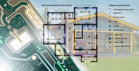 Fusion of smart technology and home electrical layout with circuit board and house wiring plan,...