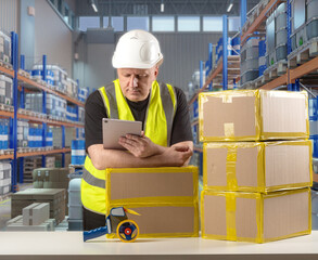 Warehouse worker in safety vest and helmet checks inventory on tablet near stacked cardboard boxes, shelves full of goods in background — Warehouse, logistics, shipping.