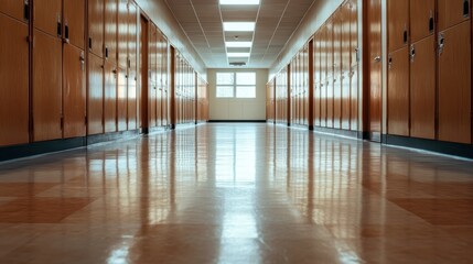 A well-maintained school hallway featuring rows of wooden lockers, designed to evoke nostalgia and memories of school life, fostering a sense of education and growth.